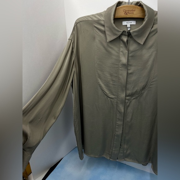 Reiss Rocco satin button up shirt blouse Size 10 neutral khaki tan - Picture 8 of 8